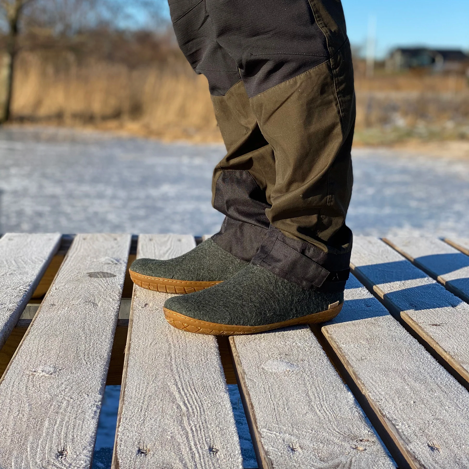Glerups Open Heel / Slipper 100% Wollfilz , Hausschuhe, Schlappen forest  mit Sohle aus Naturkautschuk 