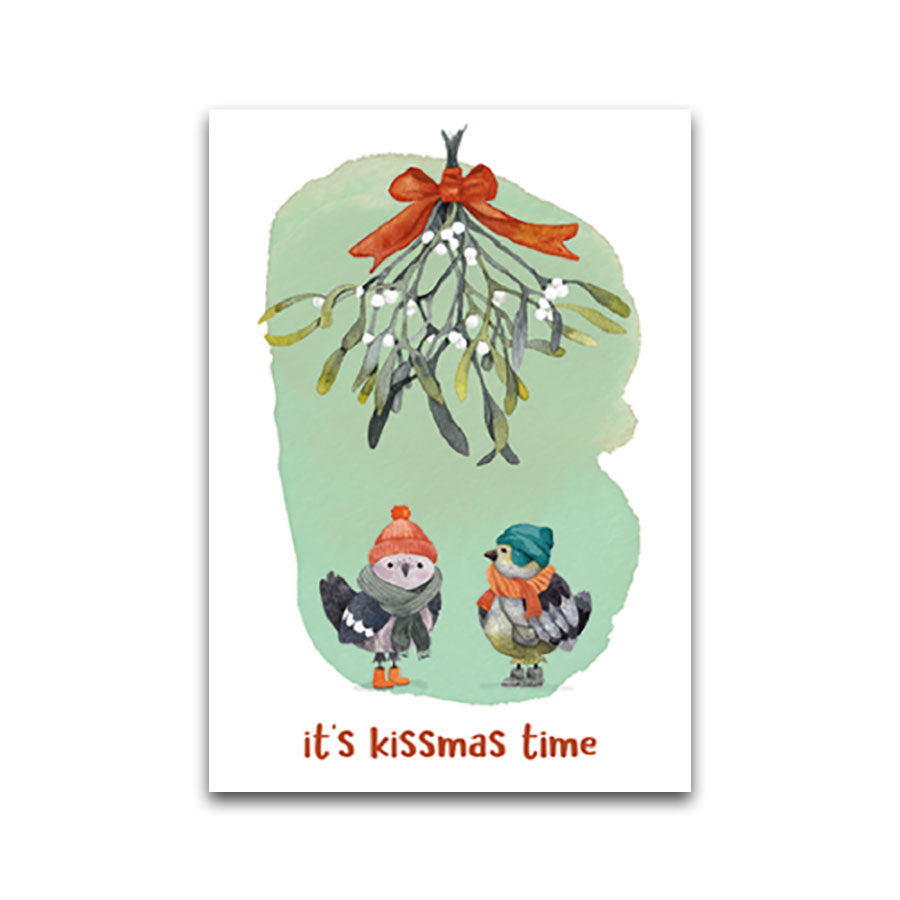 Postkarte It´s kissmas time (Vögelchen unter Mistelzweig), Weihnachten, Taurus
