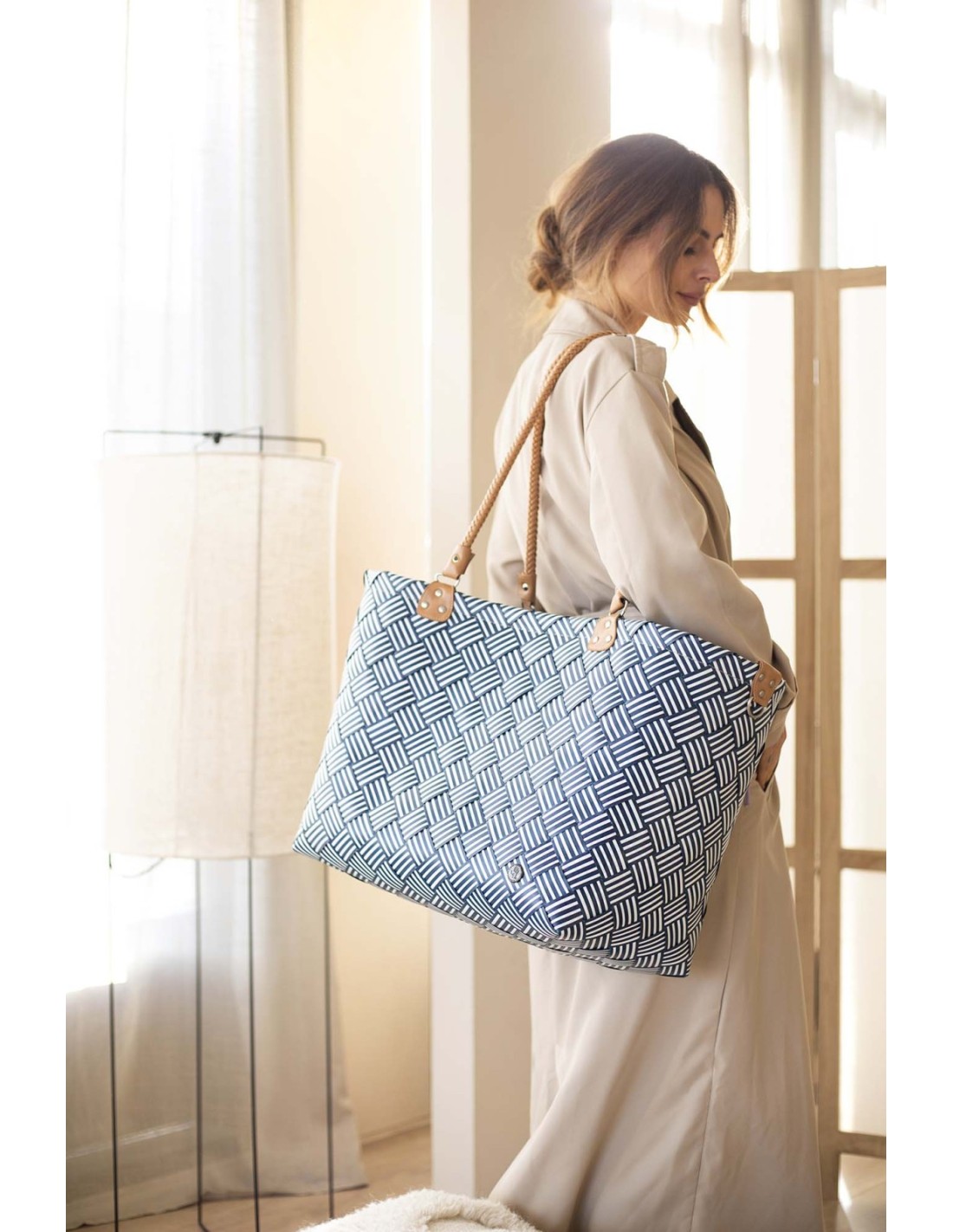 Handed By Sainte-Maxime Stripes, Shopper, Freizeittasche fetter Riemen mit PU Griffen Größe XL, Farbe: ocean blue
