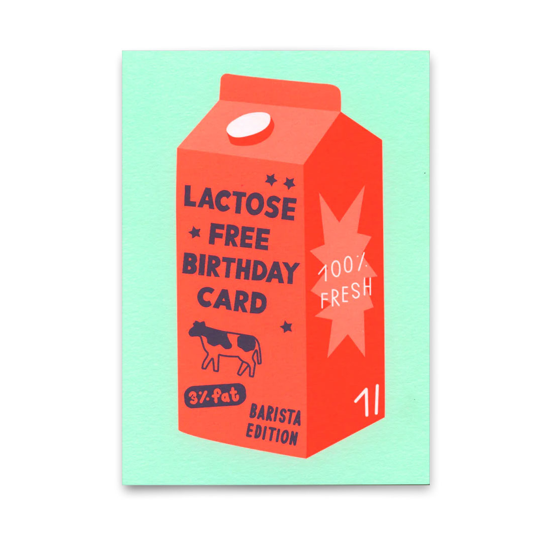 Postkarte "Lactose free birthday card" | Lustige Karte zum Geburtstag von Deli Cards 