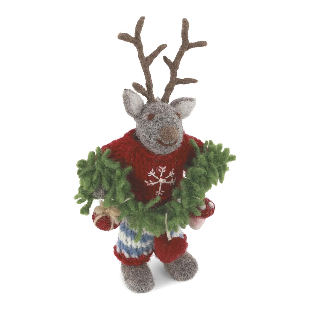 Gry & Sif Hirschjunge mit Girlande,  ca.12 cm, Small Grey Boy Deer w/Garland