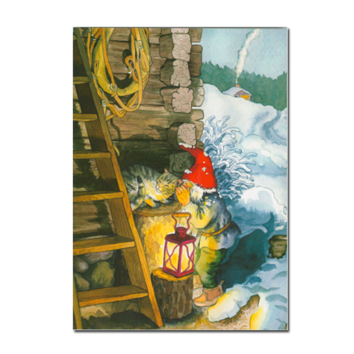 Postkarte Inge Löök "Zwerg schmust mit Katze  "  Löök Postkarte Weihnachten