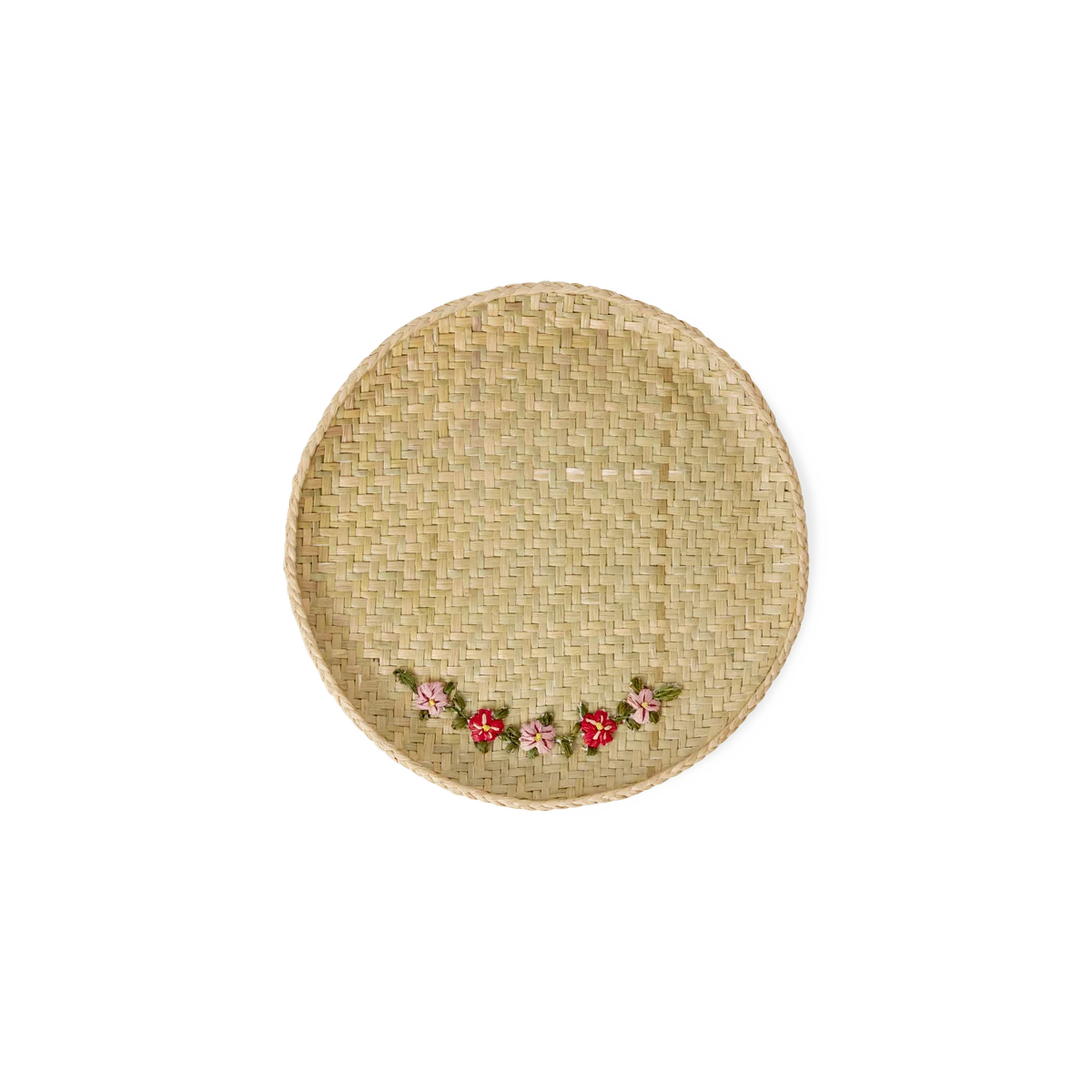 Rice Raffia Tablett - Klein, natur mit Blümchen, D. ca. 25 cm