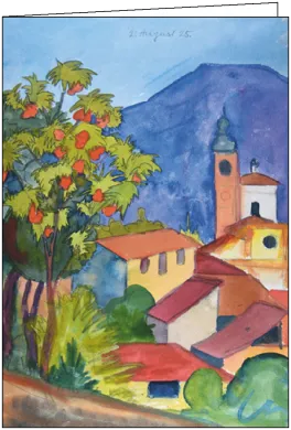Doppelkarte  "Tessiner Häuser mit Kirche, rot blühendem Baum + Berge, 1925" von Hermann Hesse 