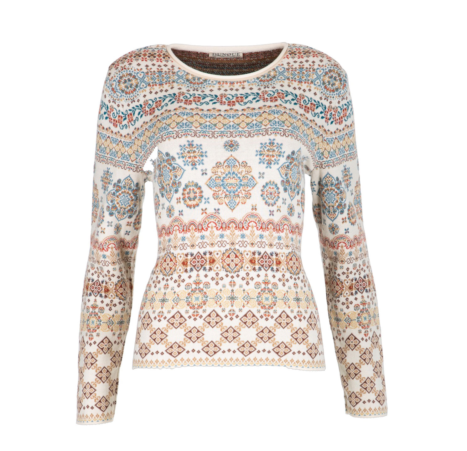 DUNQUE Jacquard-Pullover "ANJA" Rundhals GOTS , Farbe natur-bunt, 100 % Bio-Baumwolle, Made in Germany