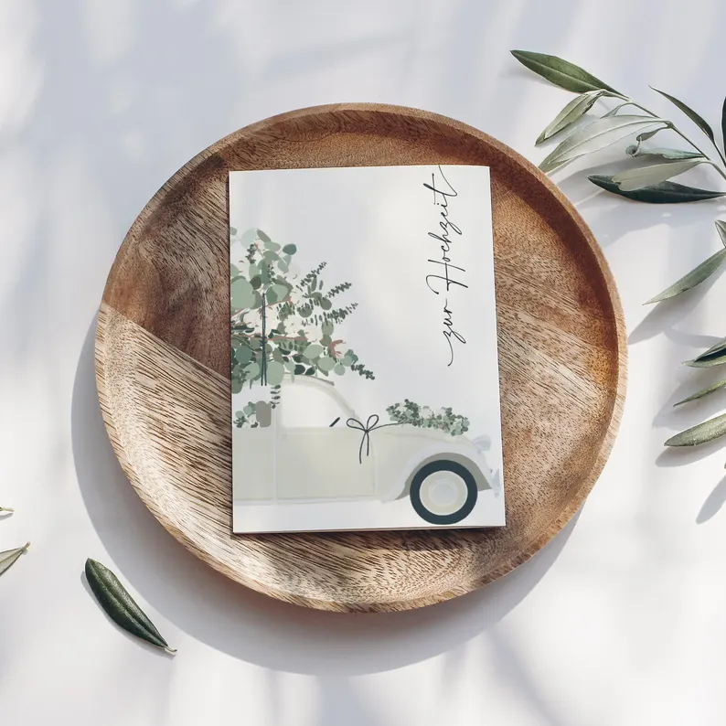 Klappkarte mit Umschlag zur Hochzeit Auto mit Blumen, FSC vom Wildblumen Atelier  