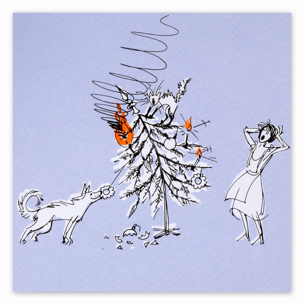 Weihnachtskarte Christmas Disaster quadratisch flieder   von Bethge  Hund & Katze