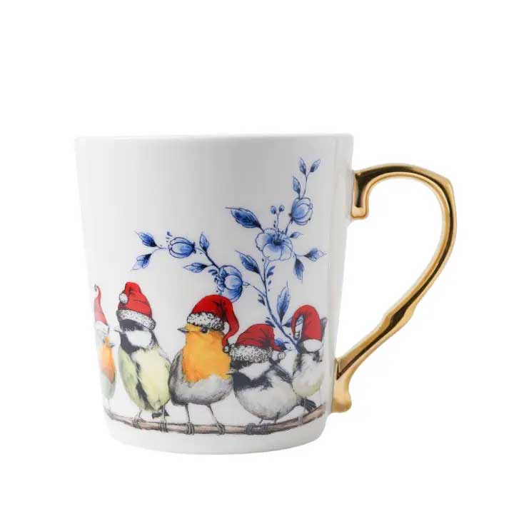  Delfter Tasse Vögel Weihnachten mit goldenem Henkel, Höhe ca. 9,5 cm von Heinen Delfts Blauw, Holland, Niederlande  , Christmas Forest Birds