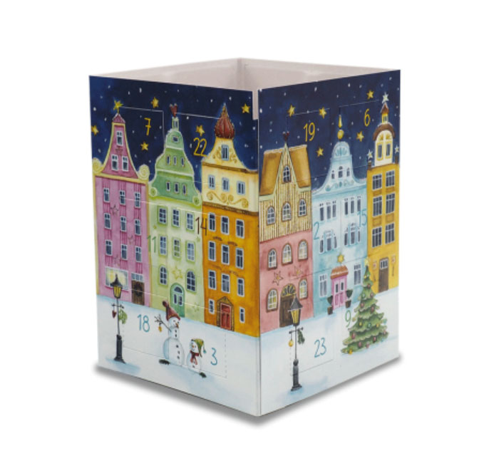 Adventskalender Karte , als Windlicht zum Aufstellen "Wintertlicher Straßenzug" 