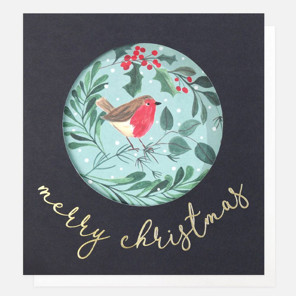 Caroline Gardner Cut-Out-Weihnachtskarte " Robin In Foliage" Merry Christmas, Rotkehlchen