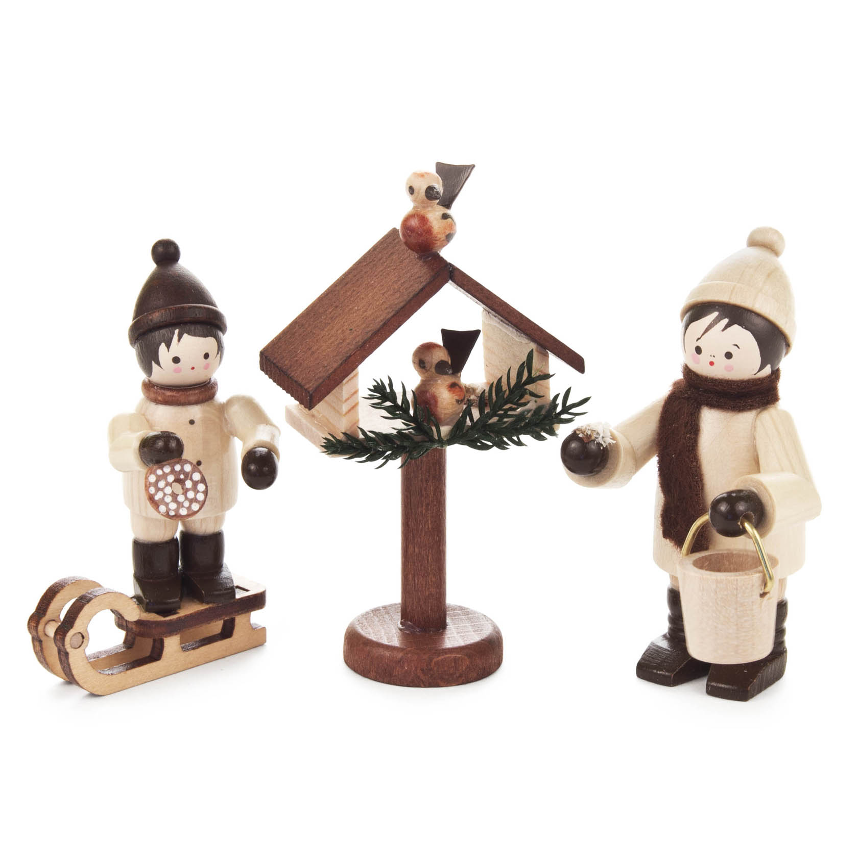 Erzgebirge Vogelfütterung natur, 3er Set, ca. 7 cm 