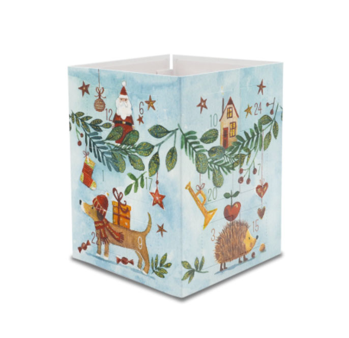 Adventskalender Karte , als Windlicht zum Aufstellen "Hund & Igel" 