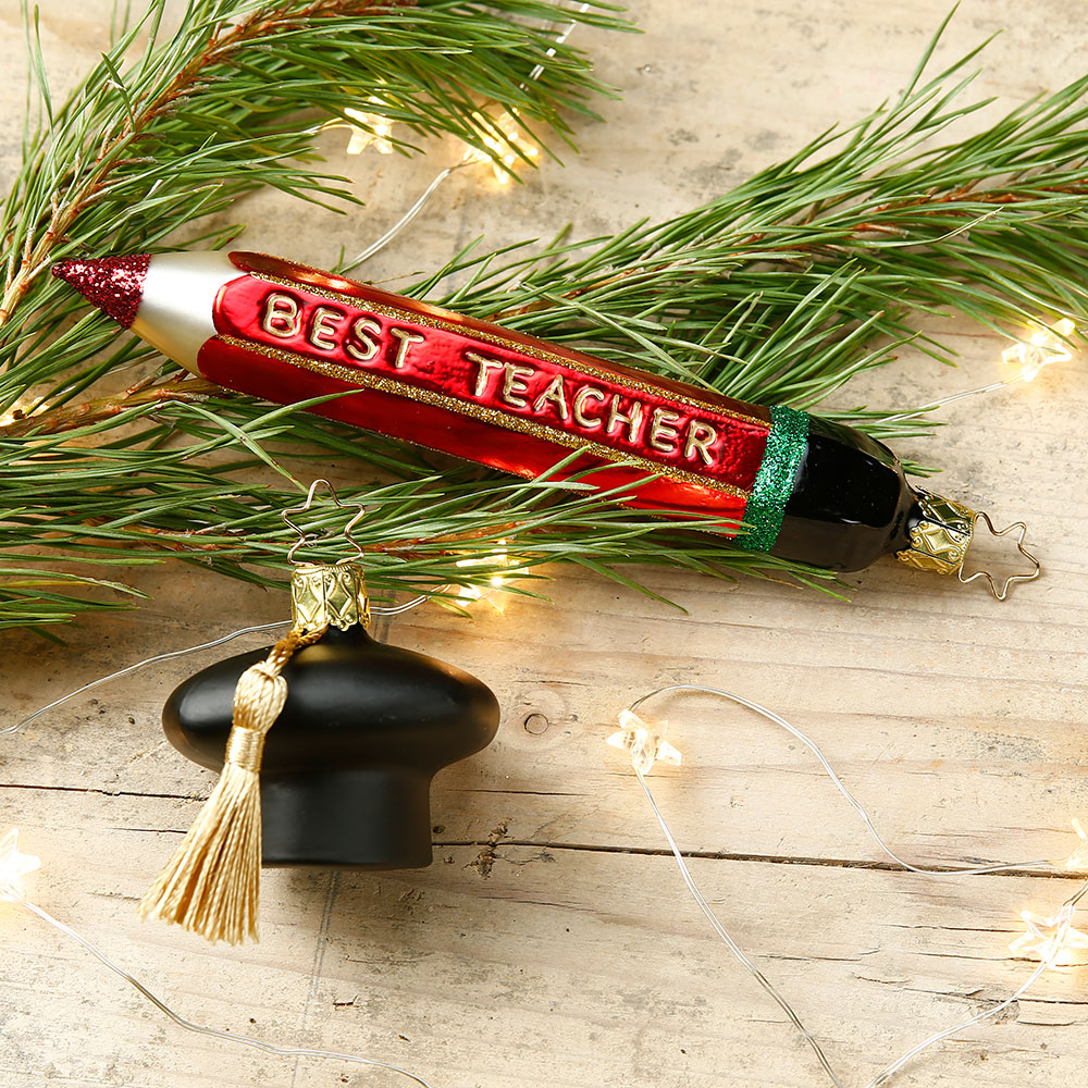 Inge-Glas " Des Lehrer’s Stift" Bleistift, Schule, Weihnachtsschmuck , Best Teacher, ca. 15 cm, Weihnachtsträume