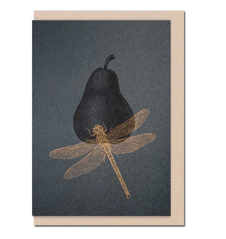 Feingeladen Trauerkarte " Birne mit Libelle ", mit Umschlag , Gold, RISO handgedruckt