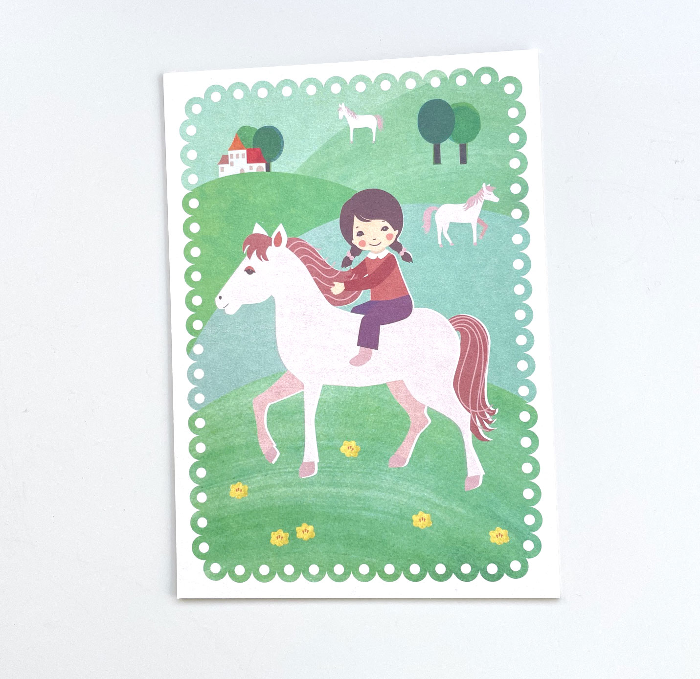 Monimari Postkarte Mädchen reitet auf dem Pony , Holzschliffpappe von Monimari