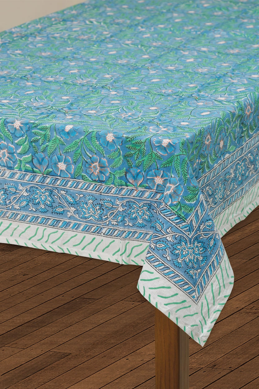 % Tischdecke mit Blumenmuster, blau-grün, ca. 150 x 230 cm, handbedruckt 