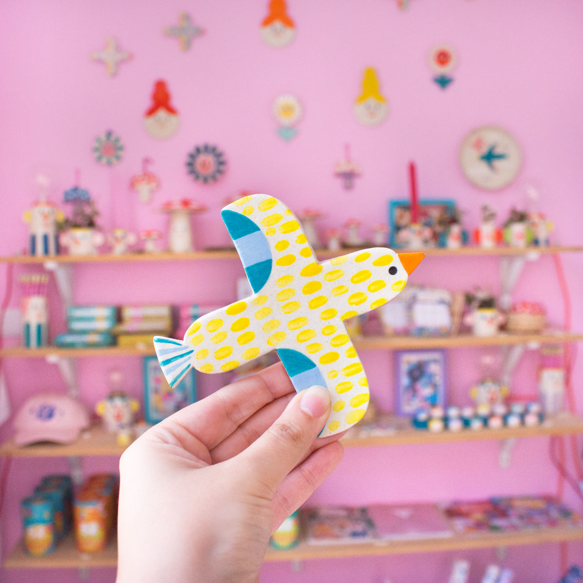 Ana Seixas Wandvogel GELB aus Portugal, Keramik ca. 12 x 12 cm, Handgefertigt 