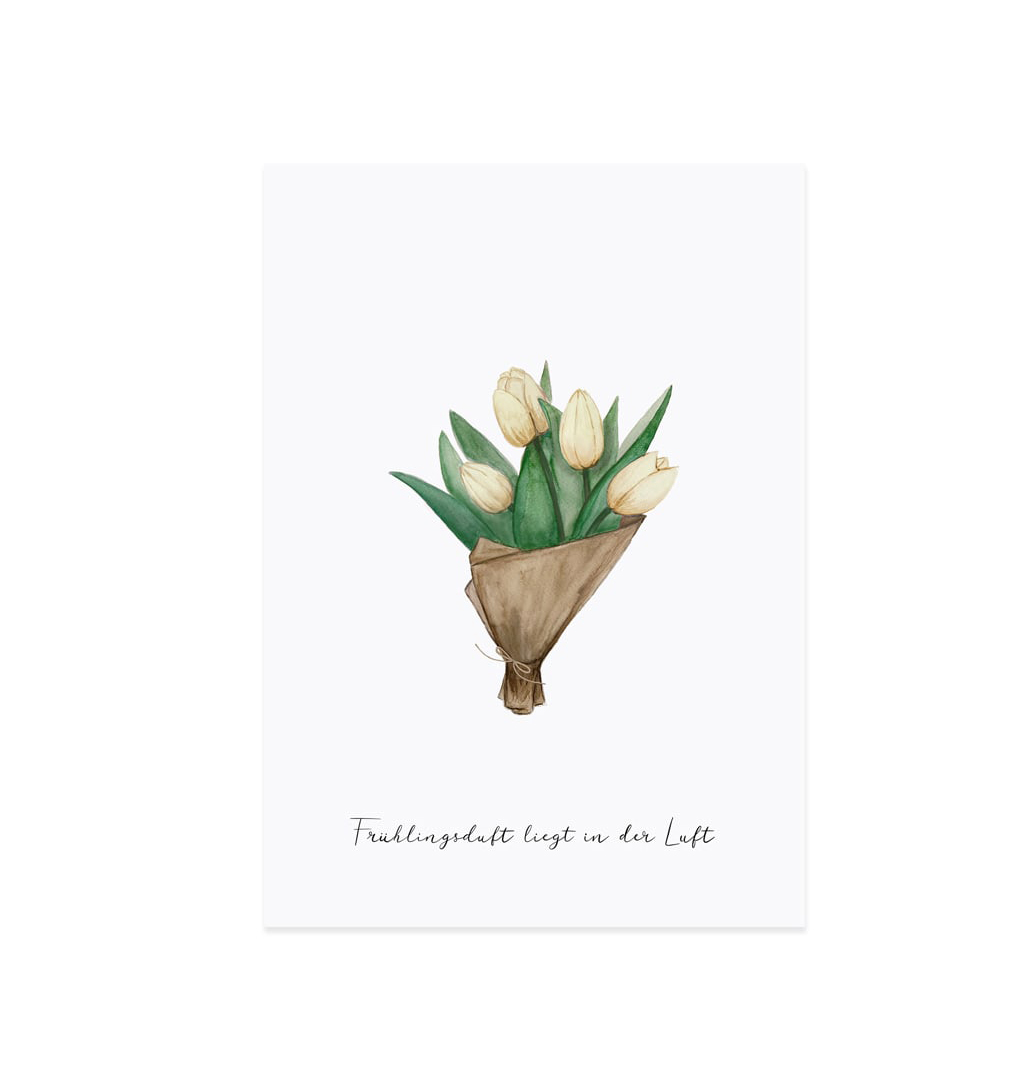 Eulenschnitt Postkarte Osterkarte Tulpen "Frühlingsduft liegt in der Luft"