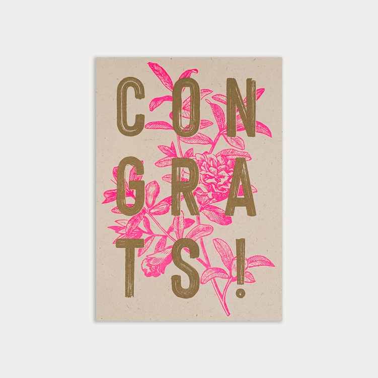 Feingeladen Postkarte TYPO »Congrats!«, Neon Pink, RISO handgedruckt