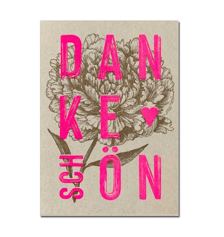 RISO Postkarte TYPO »Dankeschön«, Neon Pink, handgedruckt  