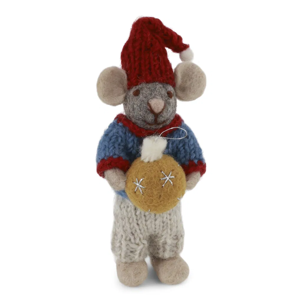 Gry & Sif Filz Weihnachtsmaus mit Weihnachtskugel, Junge, ca.12 cm, Small Grey Boy Mouse w/Chrismas Bauble