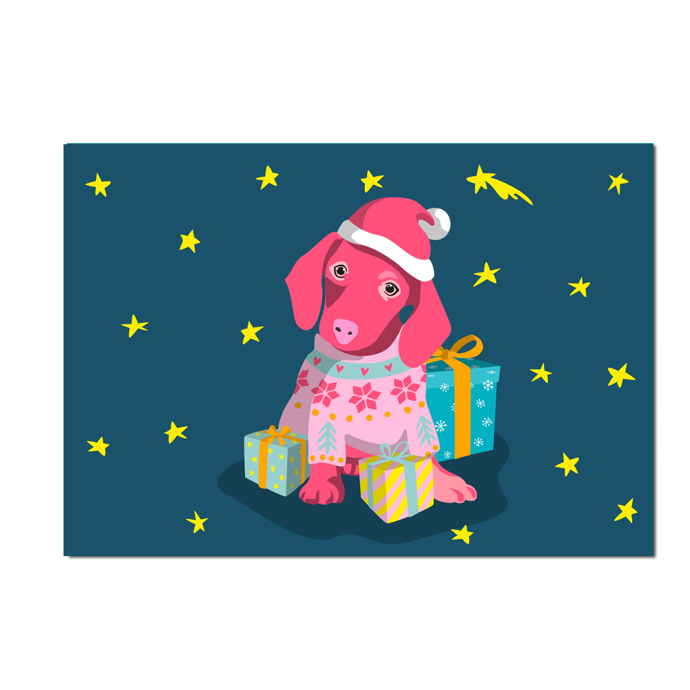 Postkarte XMAS Winter Dachshund , Dackel, neon, luminous