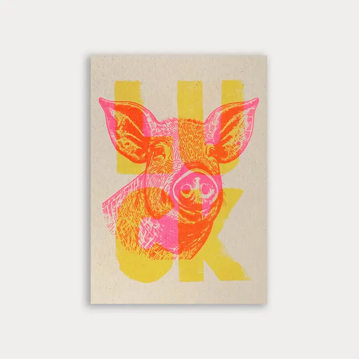RISO Postkarte  »LUCK/ Schwein«, Neon Pink, handgedruckt von Togethery