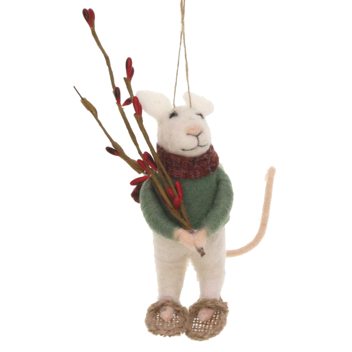 Filz Maus mit Schneeschuhen und grünem Pullover Filz, ca. 5 x 9,5 x 18 cm