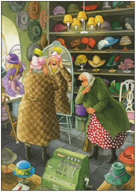 Postkarte Inge Löök "Frauen im Hutladen "  Löök Postkarte