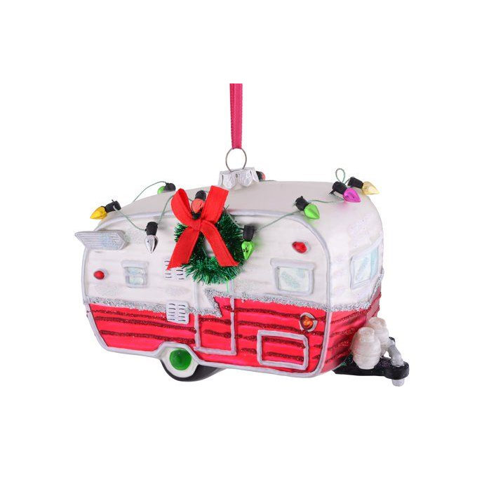 Christbaumkugel X-mas Caravan, weiß/rot, Glas , Weihnachtsanhänger Wohnwagen, ca. 13 cm 