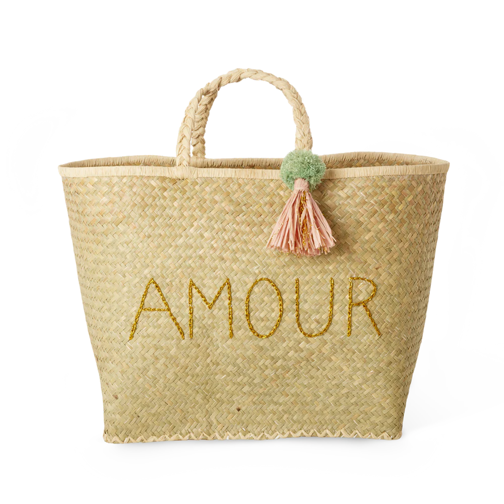 Rice Korbtasche AMOUR, Raffia Tasche natur, Raffia Bag with AMOUR and Tassel