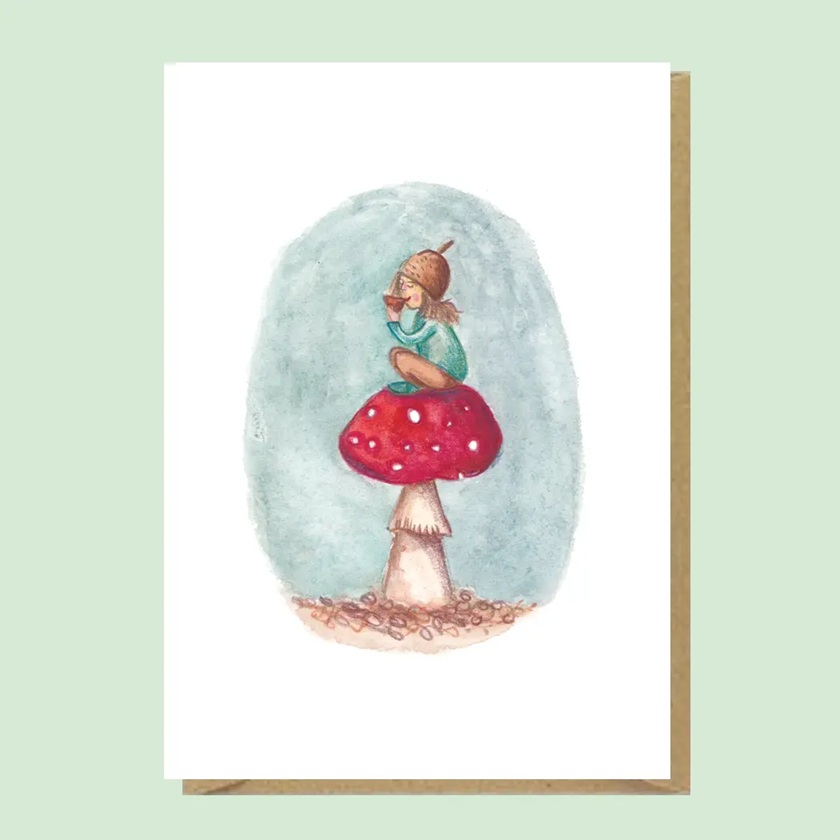 Doppelkarte "Fliegenpilz & Tee" aus England von Juliet Thomas Doodles, Elf auf Fliegenpilz