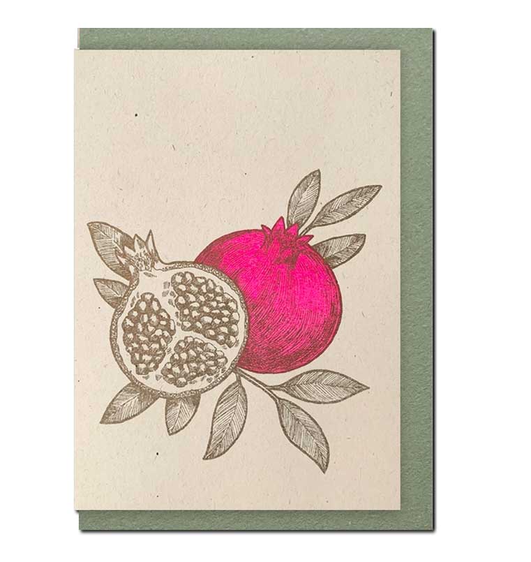 Feingeladen Doppelkarte Granatapfel, mit Umschlag , Neon Pink, RISO handgedruckt  