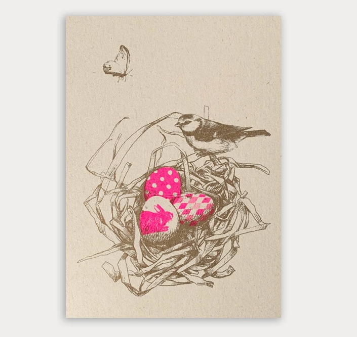 RISO Postkarte Ostern »Osternest«, Neon Pink, handgedruckt von Togethery