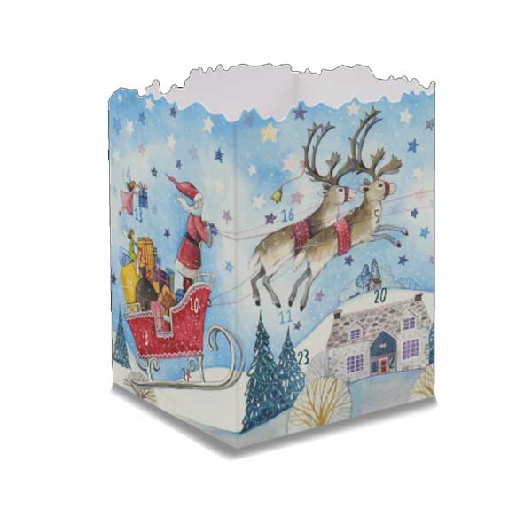 Adventskalender Karte , als Windlicht zum Aufstellen " Weihnachtsmann mit Schlitten"  