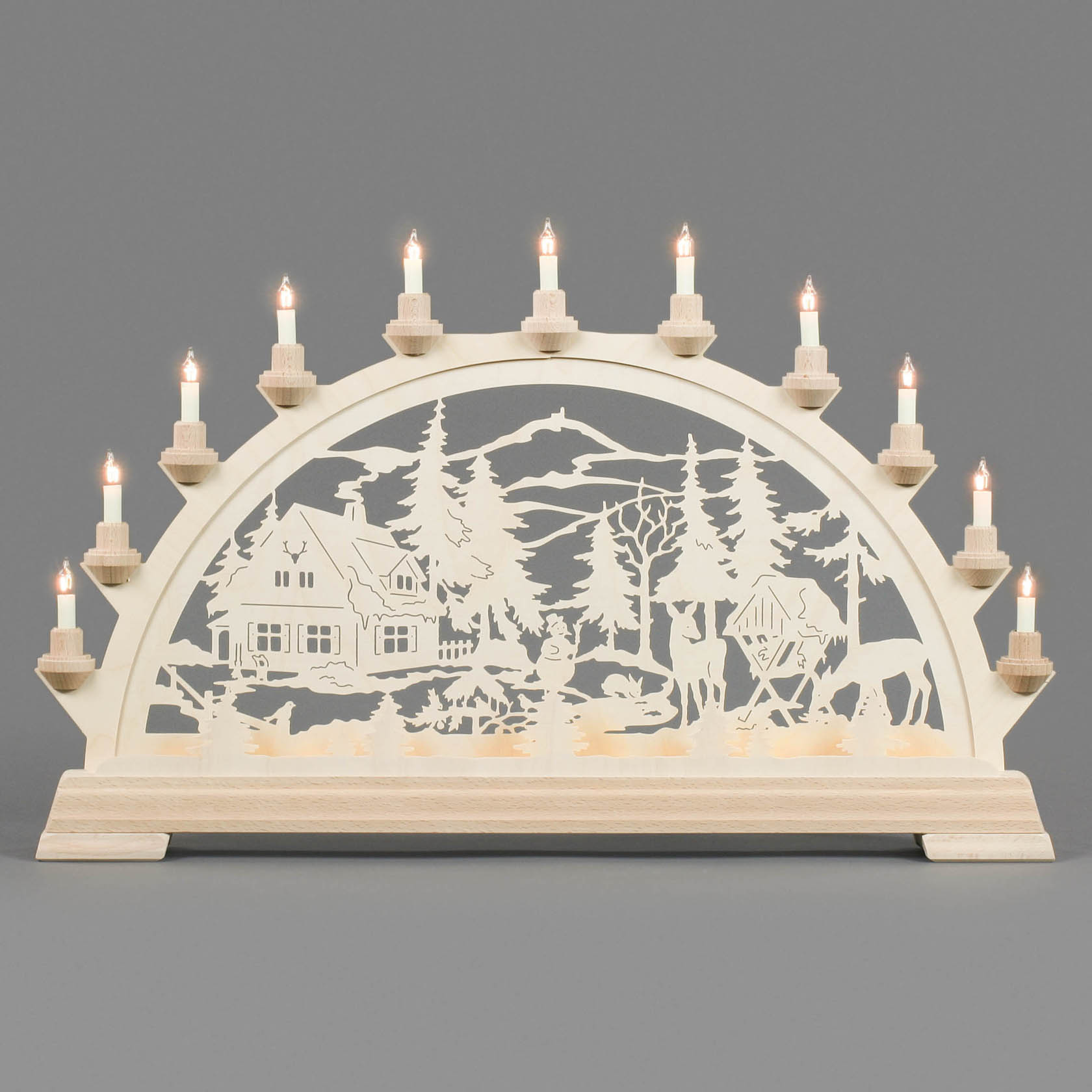 Erzgebirge Schwibbogen mit Forsthaus und Rehen, elektrisch beleuchtet, ca. 63 x 40 cm, Holz