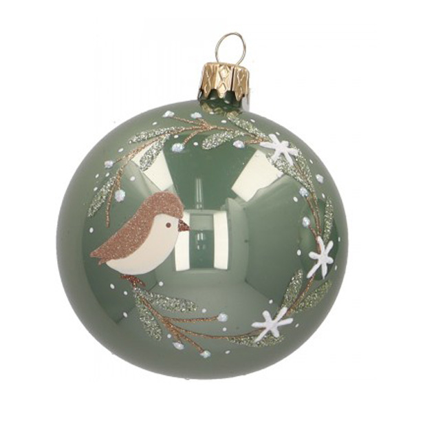 Weihnachtskugel "Vogel" Eukalyptus glanz, D. ca. 8 cm, handbemalt  