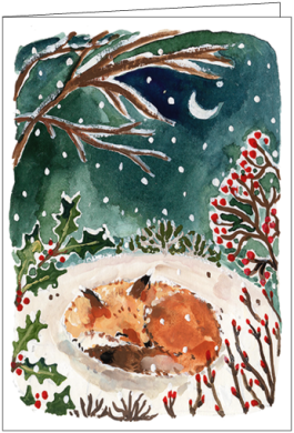 Doppelkarte Weihnachten "Schlafender Fuchs bei Nacht"  von Louise Mulgrew