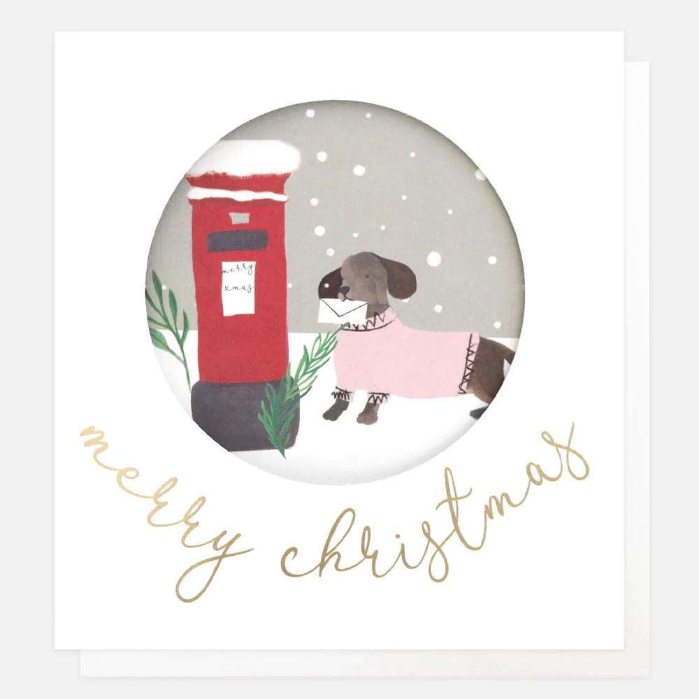 Caroline Gardner Cut-Out-Weihnachtskarte " Sausage Dog & Post Box" Merry Christmas , Dackel