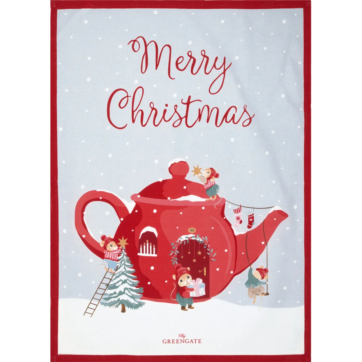 Greengate Geschirrtuch Joanni teapot white,  ca. 50 x 70 cm  , Weihnachtsmäuse , Teekanne