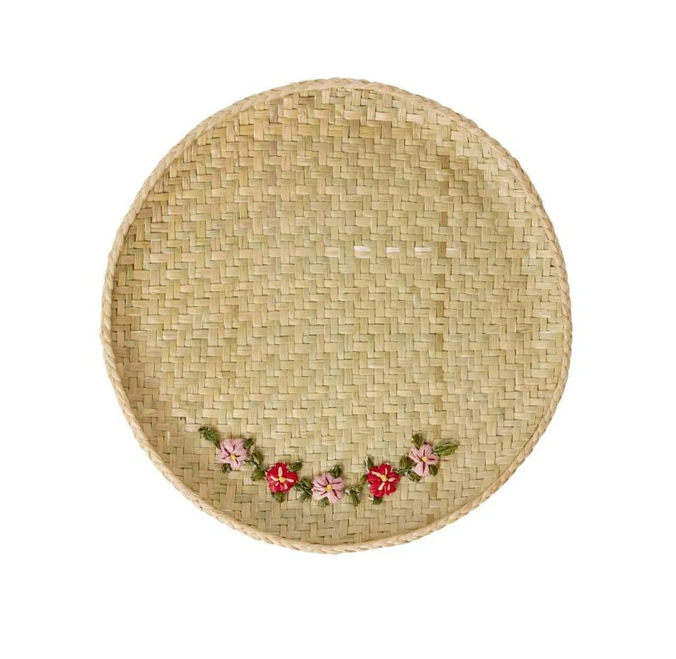 Rice Raffia Tablett - Klein, natur mit Blümchen, D. ca. 25 cm
