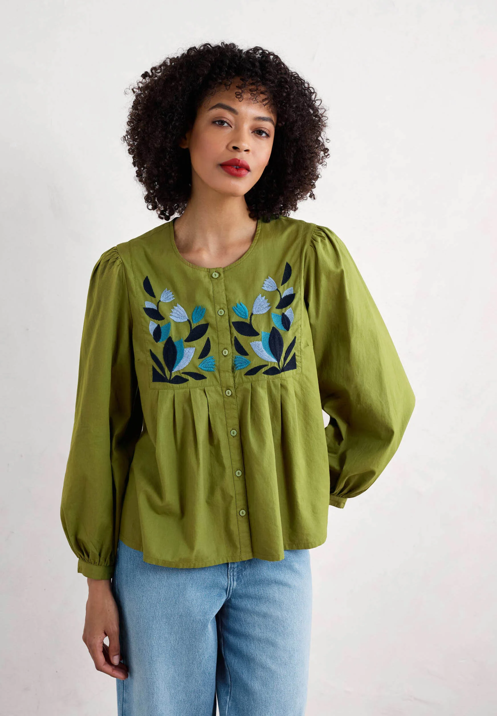 % SEASALT CORNWALL THORNAPPLE EMBROIDERED - Bluse - green dark citron