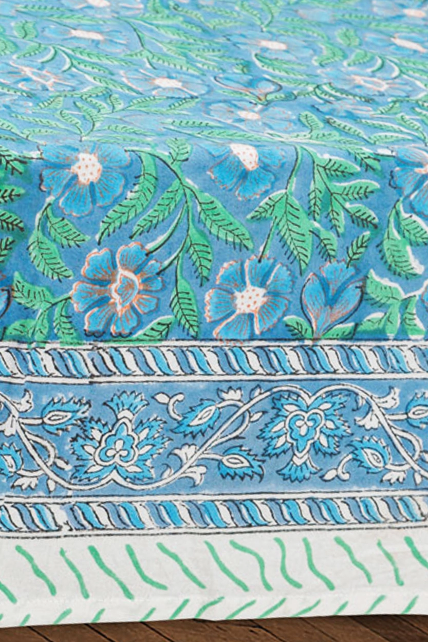 % Tischdecke mit Blumenmuster, blau-grün, ca. 150 x 230 cm, handbedruckt 