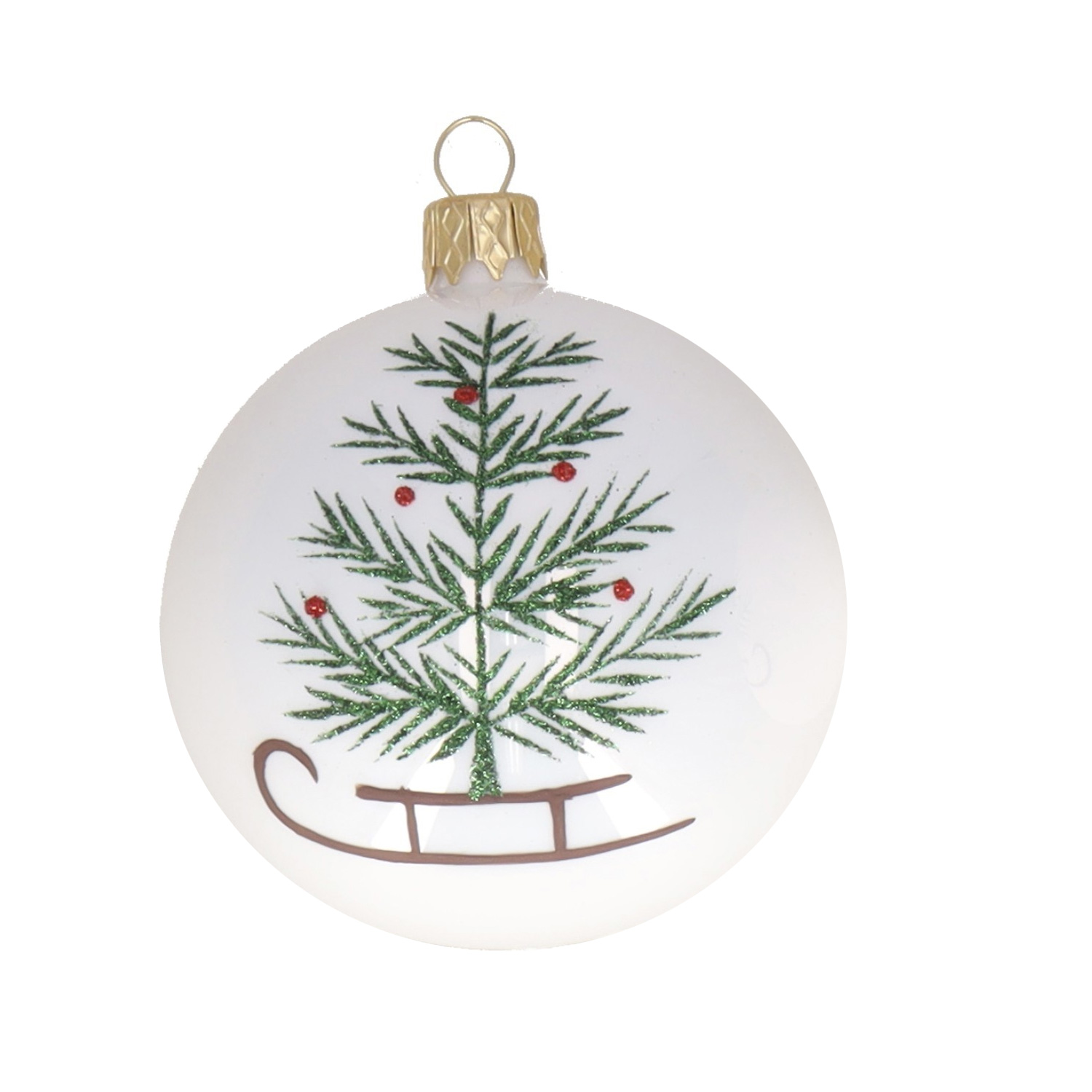 Weihnachtskugel "Schlitten mit Baum" grün-braun-weiß, D. ca. 8 cm, handbemalt, weiß glänzend 