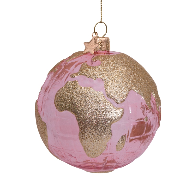 Christbaumkugel Globus rosa mit goldenem Glitzerdruck, transparent pink, Glas,  D. ca. 10 cm, Terra Flora   , weltkugel