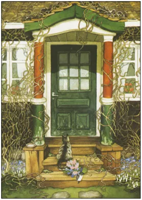 Postkarte Inge Löök "Katze mit Blumenstrauß vor Haustüre"  Löök Postkarte Katze