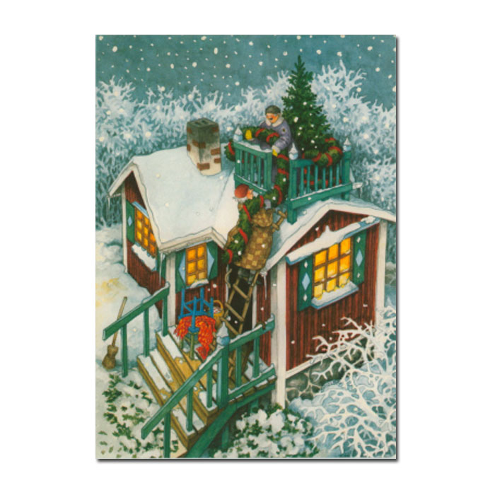 Postkarte Inge Löök "Frauen schmücken Haus für Weihnachten "  Löök Postkarte Silvester Weihnachten