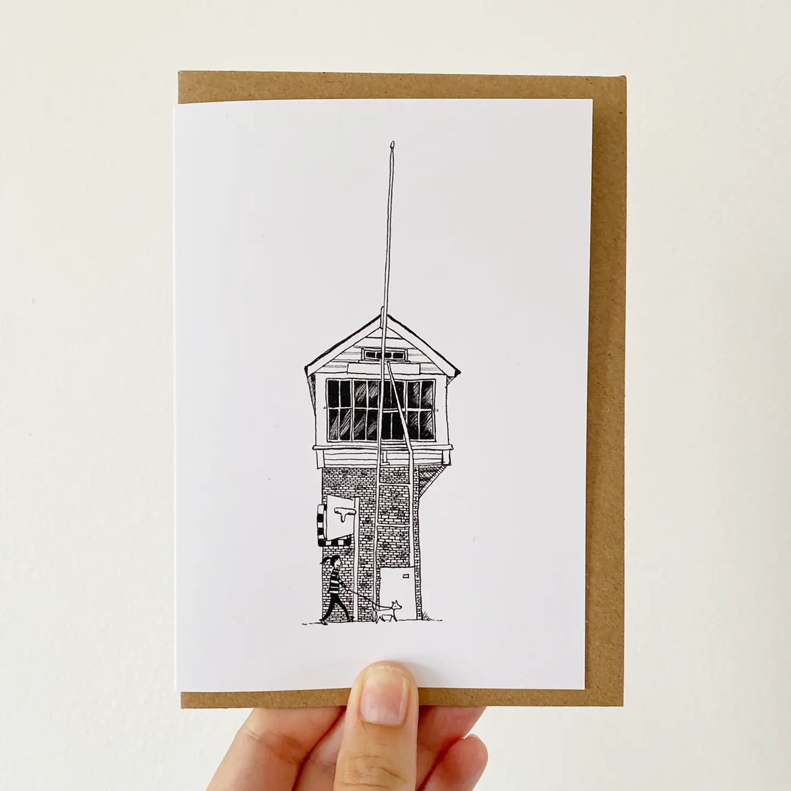 Doppelkarte "Signalbox" aus England von Juliet Thomas Doodles , Stellwerk im Highams Park, East London