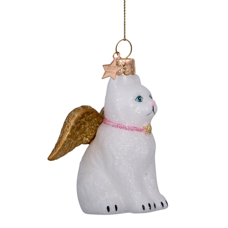 Weihnachtskugel weiße Katze mit Goldflügeln, Glas,ca. 8 cm,  von Vondels
