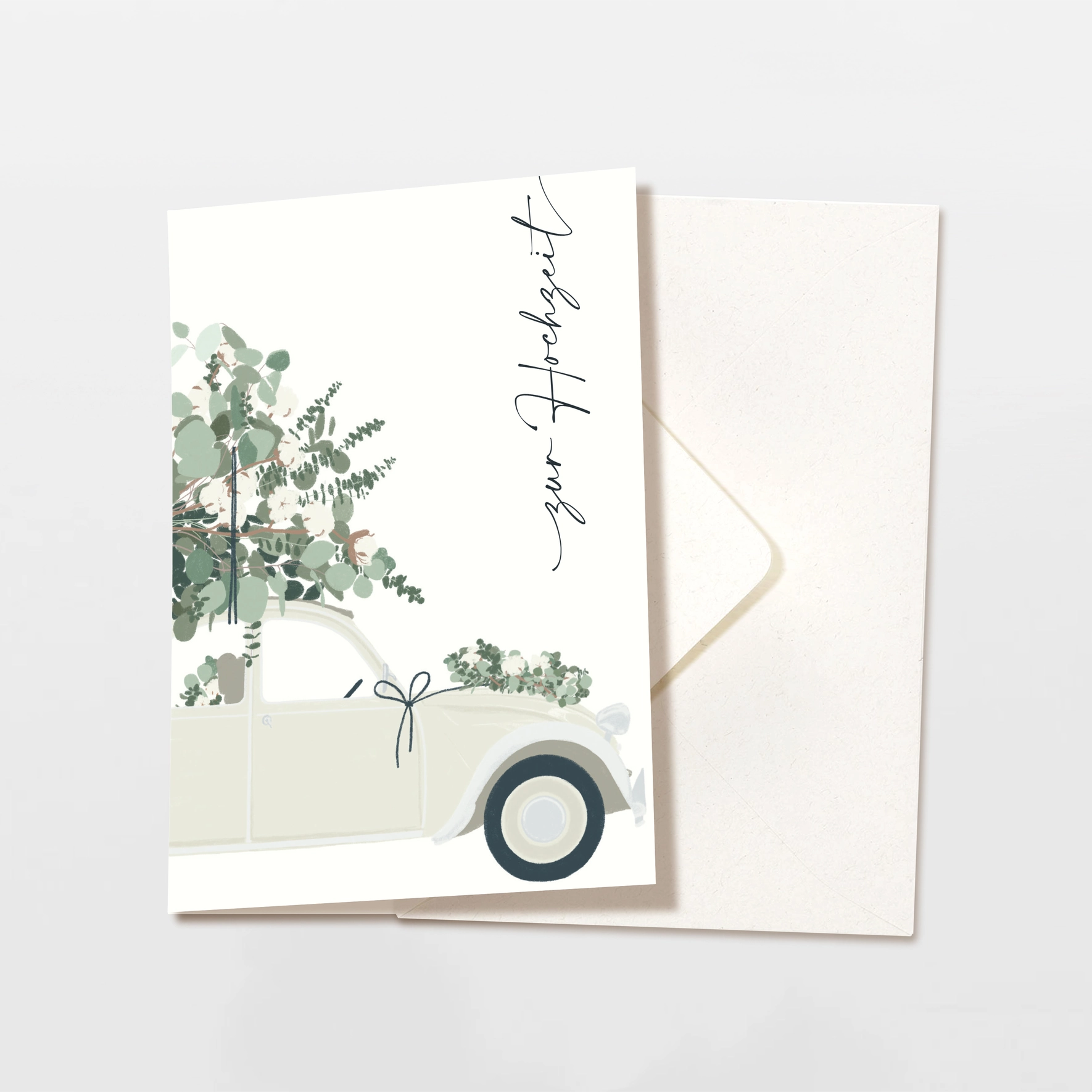 Klappkarte mit Umschlag zur Hochzeit Auto mit Blumen, FSC